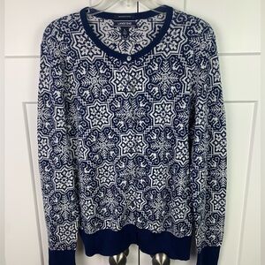 Lands End Women’s LARGE Cardigan Sweater Faire Isle Navy White Holiday
